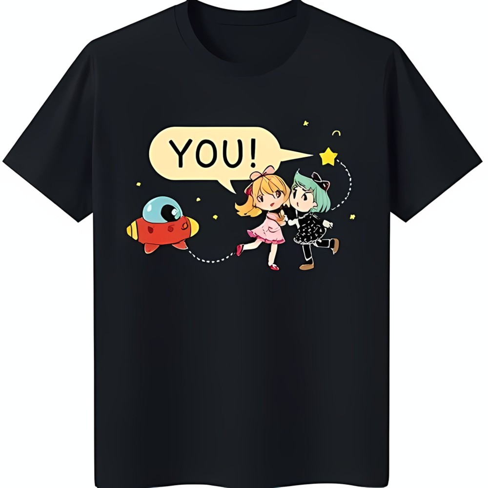 Black T-Shirt with Cartoon Graphic of Walking to Red Spaceship Fun & Unique