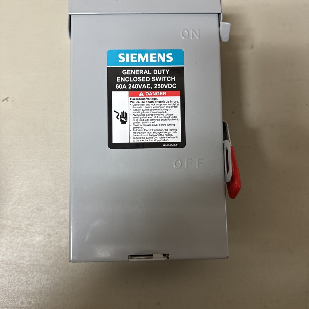 SIEMENS 2 Pole 60A 240V General Duty Enclosed Indoor Safety Switch, Non-Fusible