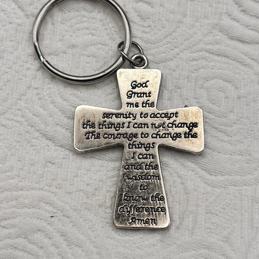 Serenity Pray Silver-Toned Cross Keychain