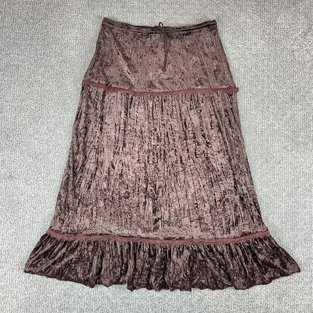 Vintage Skirt Womens Medium Brown Crushed Velvet Peasant Boho 90s USA Whimsigoth