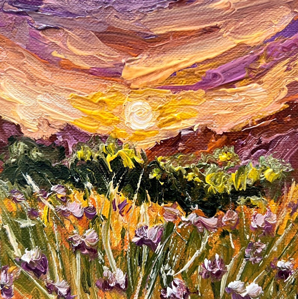 Countryside Landscape Oil Painting of Illinois Prairie Meadow at Sunset on Canvas