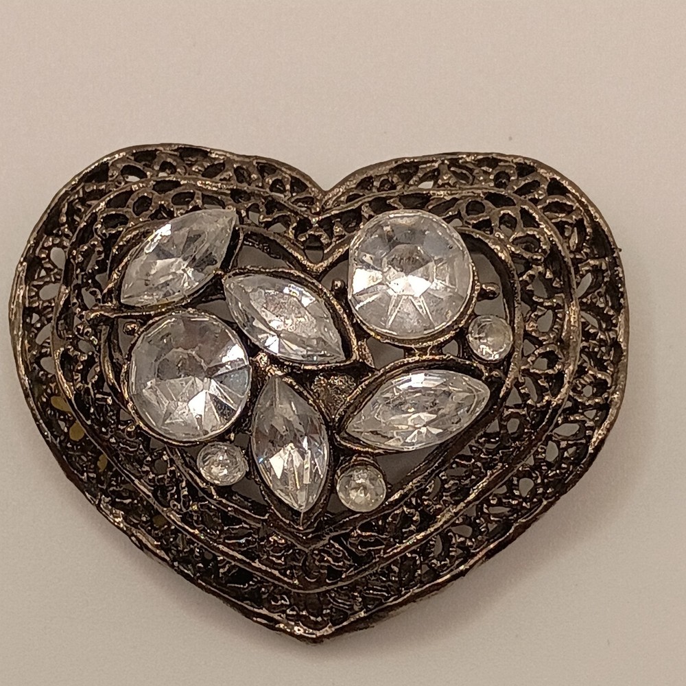 Vintage Style Dark Heart Brooch Pin Filigree Clear Rhinestones