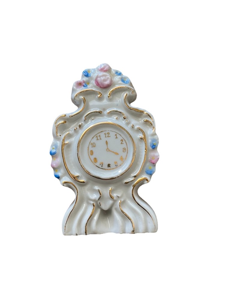 Mantel Clock Mini Ceramic Porcelain Figurine Occupied Japan 3” H Vintage H Cato