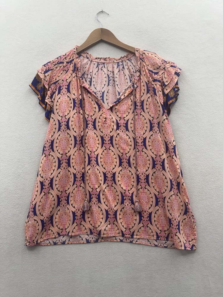 Rose + Olive Women’s XL Floral Blouse Orange Blue Tassel Tie Short Sleeves