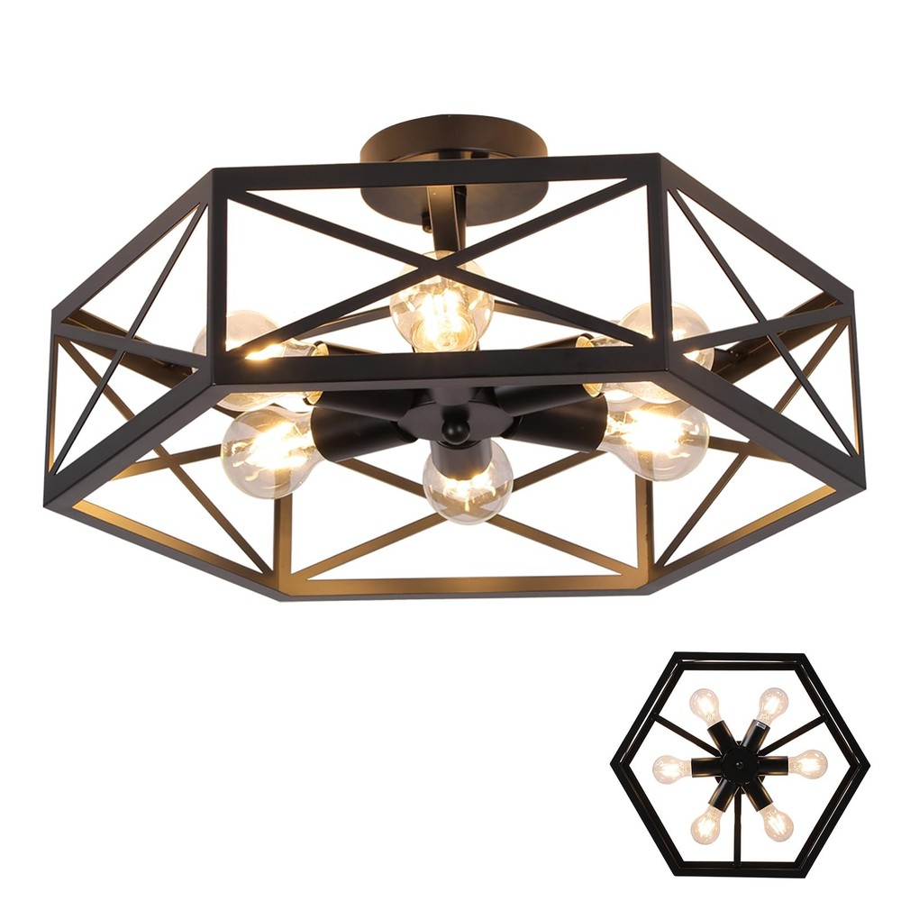 20-Inch Black Farmhouse Semi Flush Mount Chandelier with 6 Lights for Kitchen  