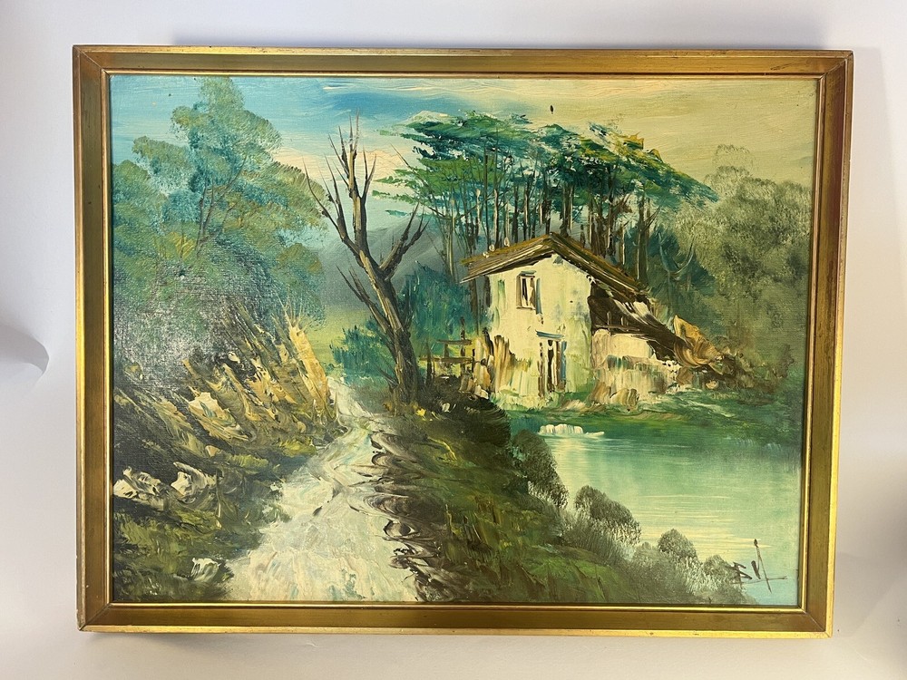 Vintage Abstract Realism Painting 1970s Italian Artist of Forest Cabin by Stream-image