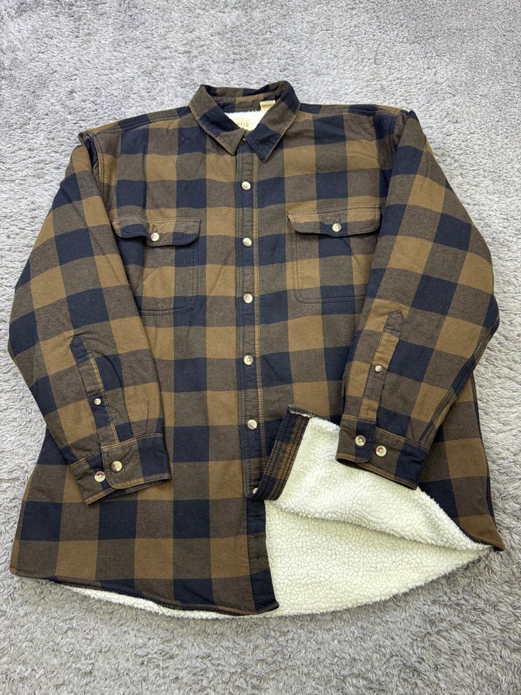 RedHead Men's XL Brown Buffalo Plaid Sherpa-Lined Flannel Shacket for Outdoor Wear