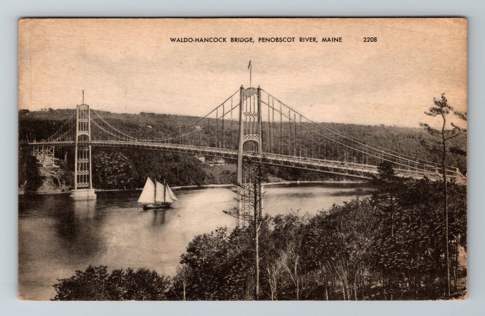 Penobscot River ME-Maine, Waldo-Hancock Bridge, Sailboat Vintage Postcard