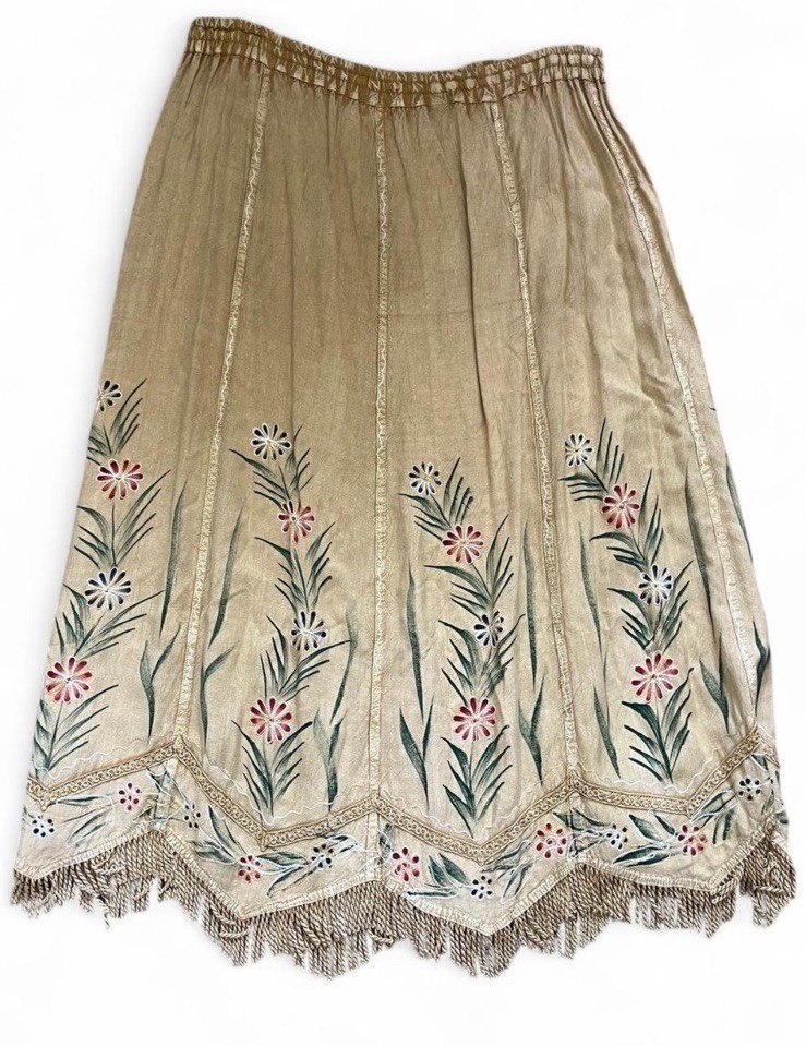 Maxi Skirt One Size ~XXL Distressed Brown Embroidered Floral Fringe Cottagecore