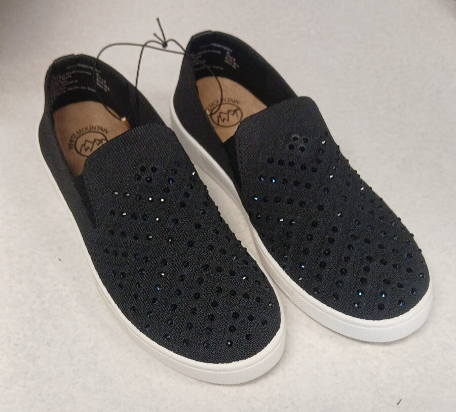 White Mountain Upbring Slip-On Sneaker Black w/ Bling & White Sole Cushioned NEW