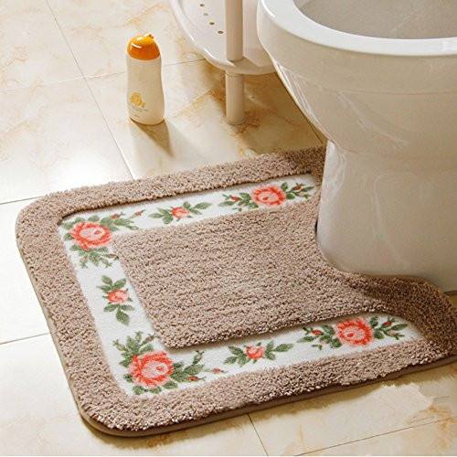 Luxurious Soft Floral Non-Slip Contour Bath Rug, Soft Toilet Contour Rug Mocha