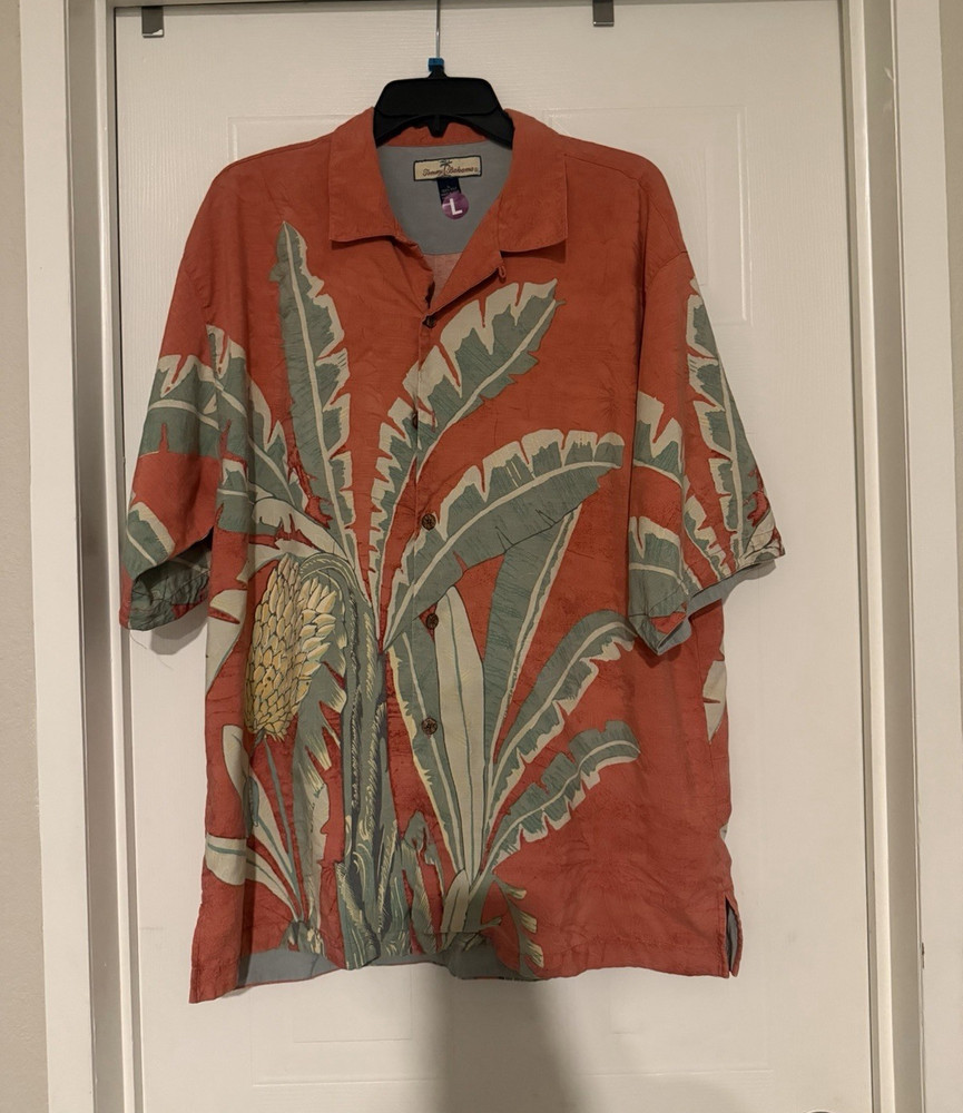 Tommy Bahama Men's Orange Green Silk Floral Hawaiian Short Sleeve Button-Up L