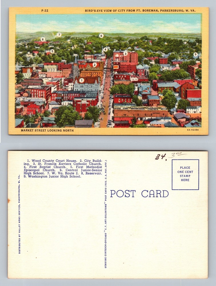 Parkersburg, WV-West Virginia, Market Street Bird’s-Eye Old Vintage Postcard