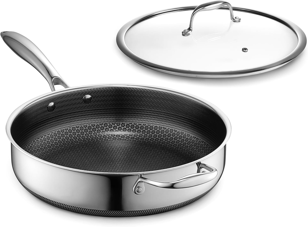 Hexclad Hybrid Nonstick 4.5 Qt Deep Sauté Pan and Lid, Dishwasher and Oven-Safe,