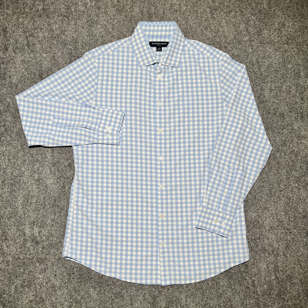 Mizzen+Main Leeward Shirt Mens M Classic Blue Gingham Performance Stretch Button