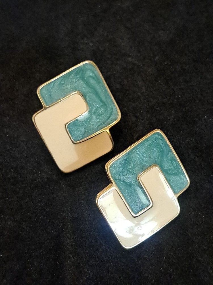 Vintage Trifari Teal and Cream Enamel Gold Tone Geometric Stud Earrings