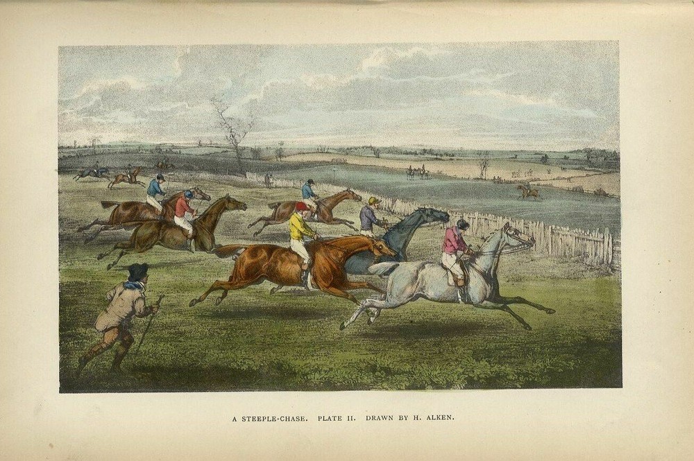 STEEPLECHASE HORSES AND RIDERS PREPARING TO JUMP THE FENCE SADDLE WHIP BY ALKEN