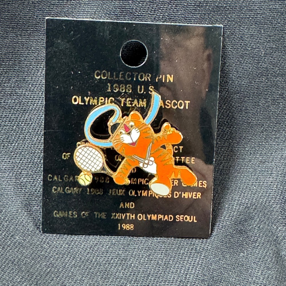 1988 Seoul Olympics Hodori Tiger Tennis Enamel Pin US Olympic Team Mascot Lapel