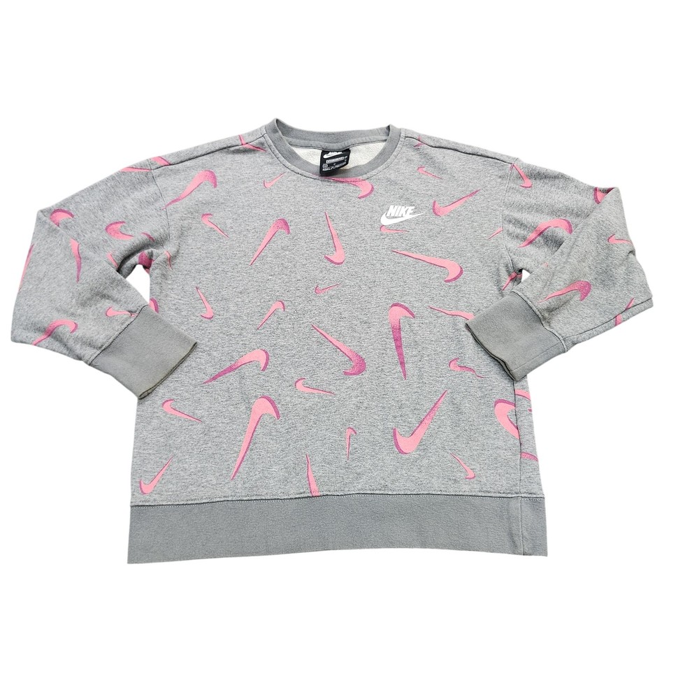 Nike Sweatshirt Womens Medium Gray Pink Swoosh Graphic Fleece Pullover Crewneck