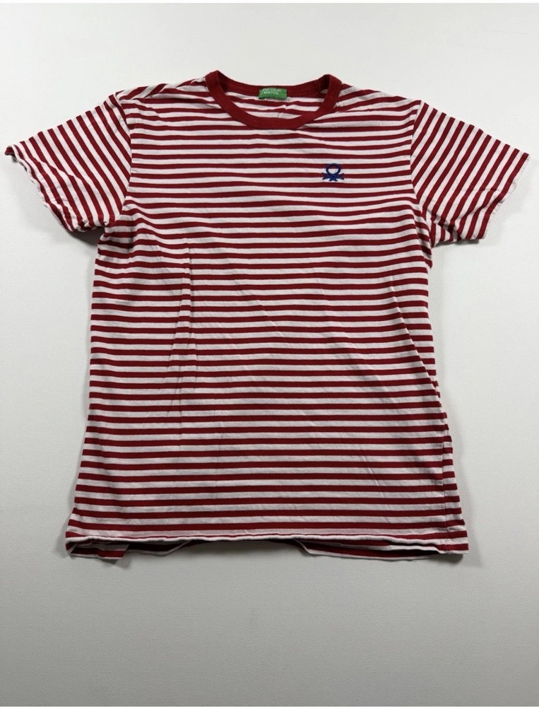 United Colors of Benetton T-Shirt Mens M Red White Striped Short Sleeve Logo