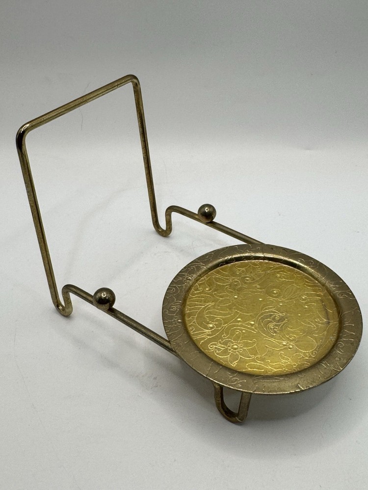 Vintage Floral Brass Tea Cup & Saucer Display Holder with Etched Base