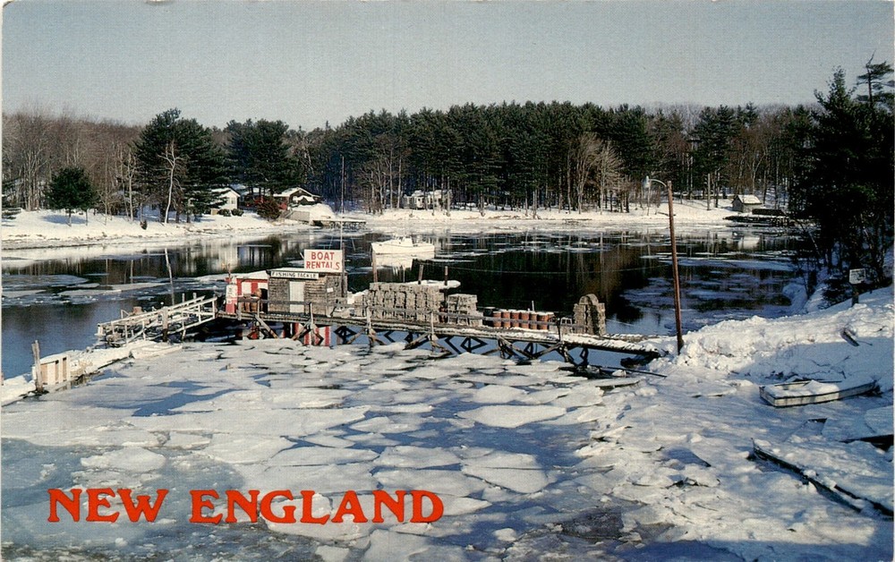 Charming Vintage New England Icebound Boat Rental Fishing Tackle Postcard