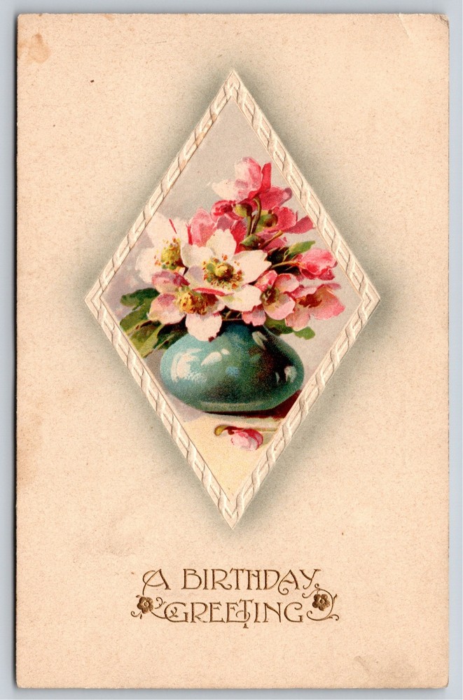 Greetings~Flowers In Blue Vase Birthday Greeting~Vintage Postcard
