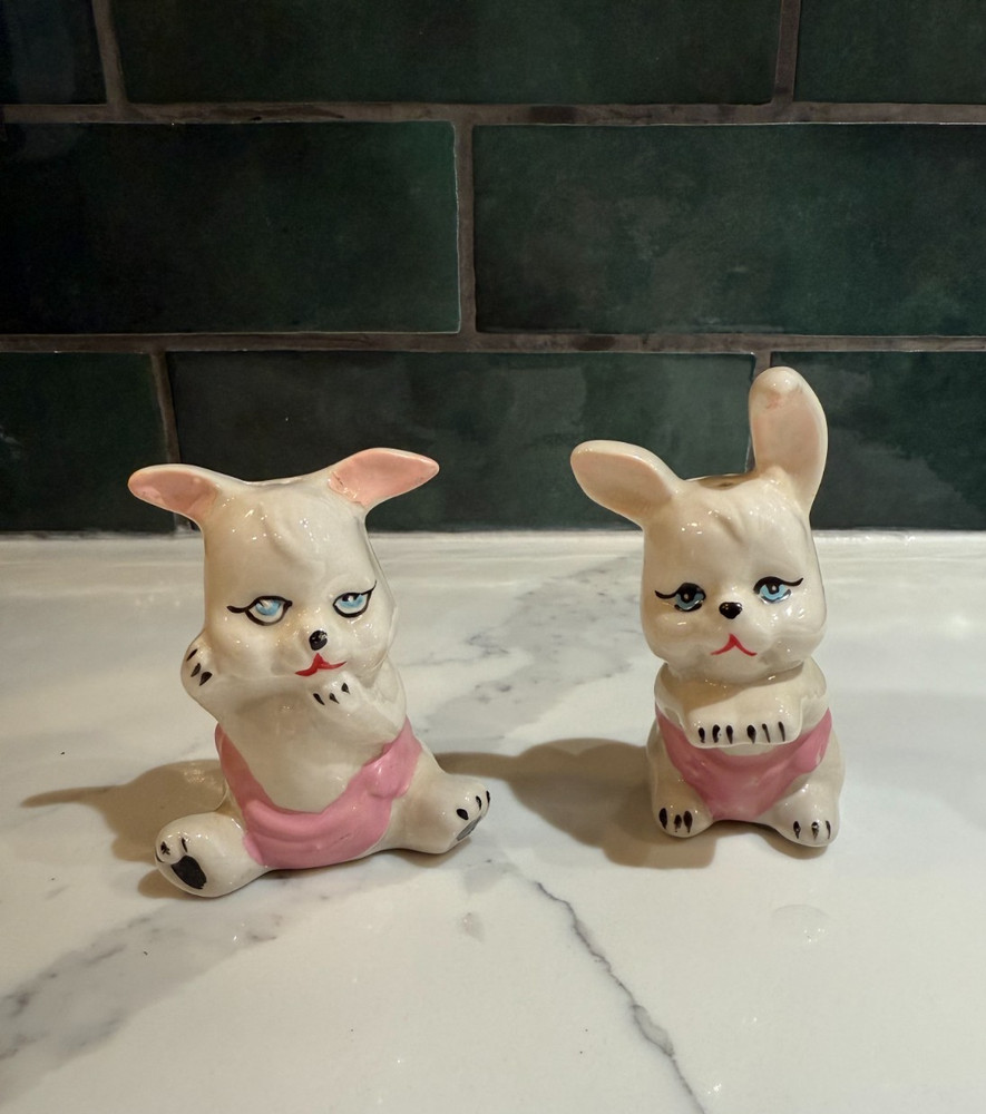Vintage Anthropomorphic Bunny Rabbit Salt and Pepper Shakers Kitsch