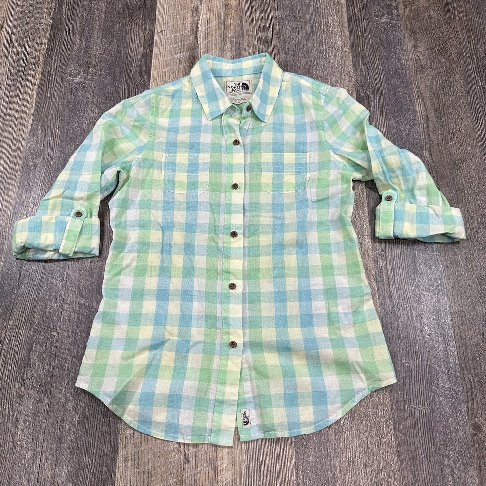 North Face Button Up Shirt Top Roll Tab Sleeve Green Plaid Long Sleeve Women's S