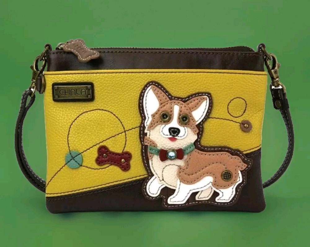 Chala Corgi Dog Mini Crossbody Cell Phone Purse Bag Mustard Yellow Clutch