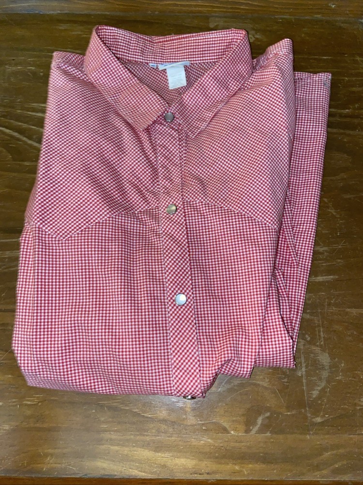 Vintage Levis Western Shirt Mens Red White Gingham Plaid Pearl Snap 70s