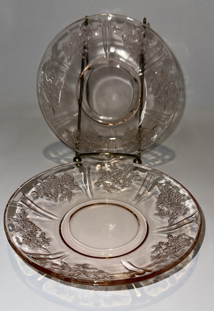 Set of 2 Sharon Cabbage Rose Pink Depression Glass Shallow Bowls 6