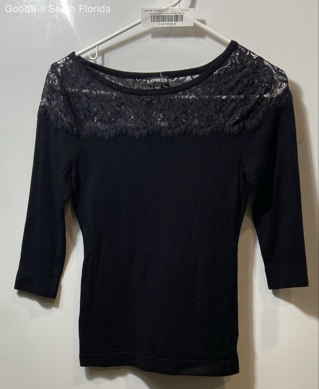 Express Womens Black Lace 3/4 Sleeve Boat Neck Pullover Blouse Top Size XS