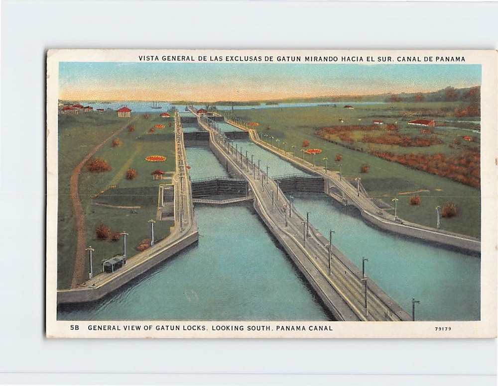 Postcard General View Of Gatun Locks Looking South Panama Canal Panama