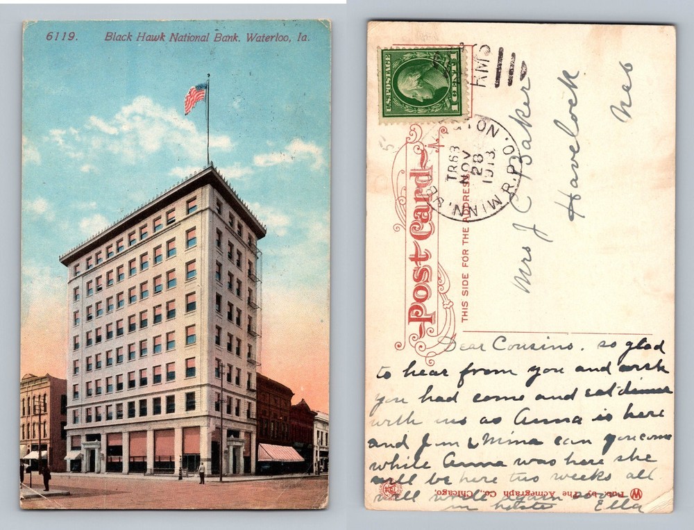 Waterloo, IA-Iowa, Black Hawk National Bank Tall Building Vintage Postcard