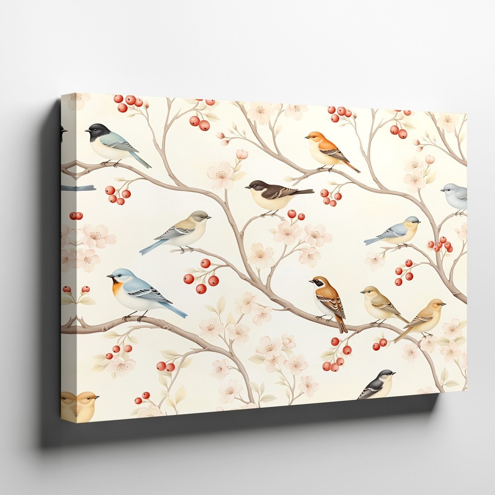 Birds and Cherry Blossoms Canvas Wall Art Floral Nature Print for Home Decor