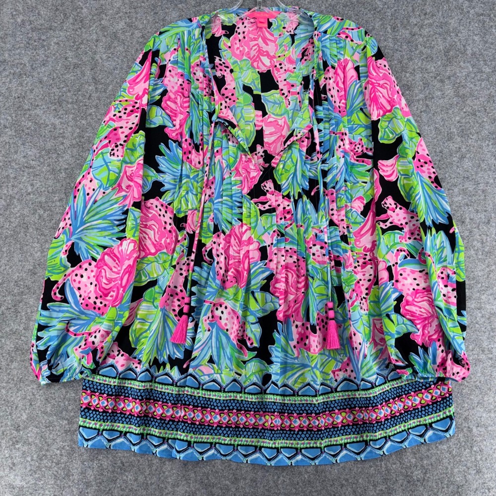 Lilly Pulitzer XL Spot On Leopard Floral Pleated Tassel Tie Blouse Pink Blue