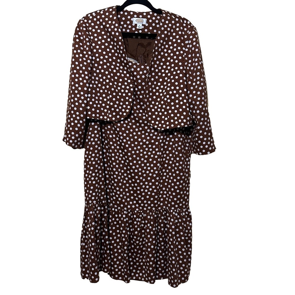 Talbots Women’s 16 Brown Polka Dot Peplum Dress Shrug Set 50s Pinup Retro Modest