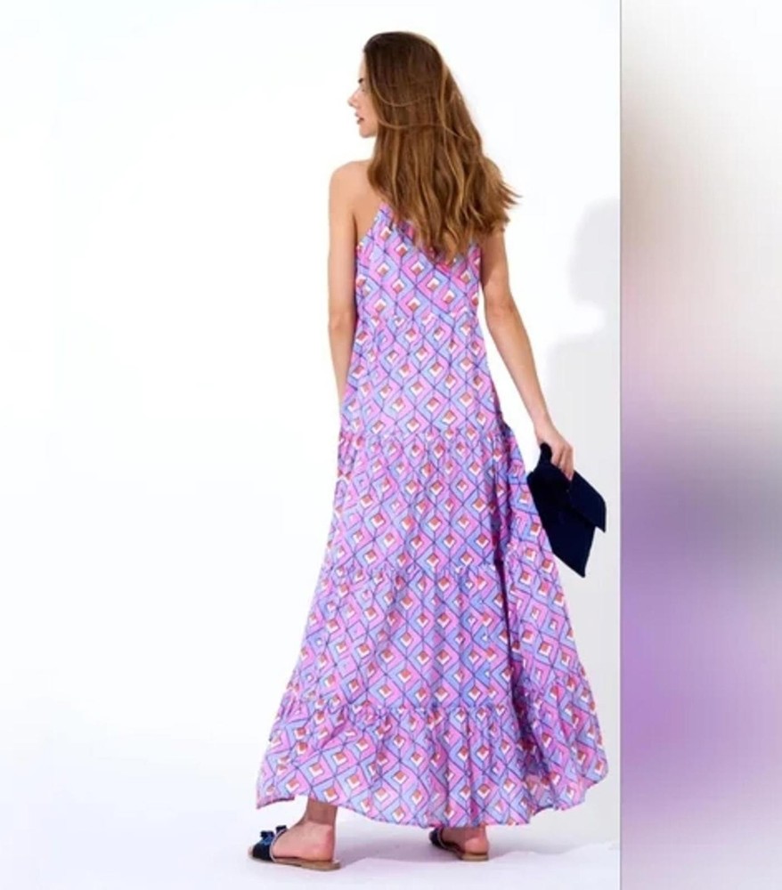 Oliphant Tiered Tassel Pink Blue Geometric Maxi Dress Size XS Cotton