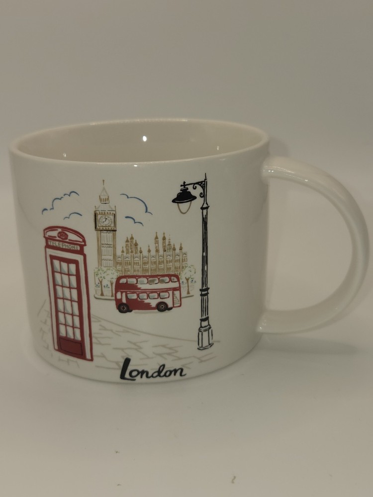 Pottery Barn London Coffee Mug Ceramic Tea Cup Double Decker Bus Red Phone Booth