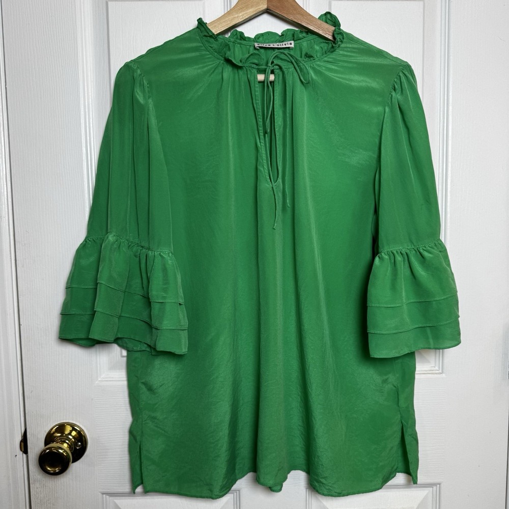 Alice + Olivia 100% Silk Emerald Ruffle Sleeve Blouse Size Size Medium