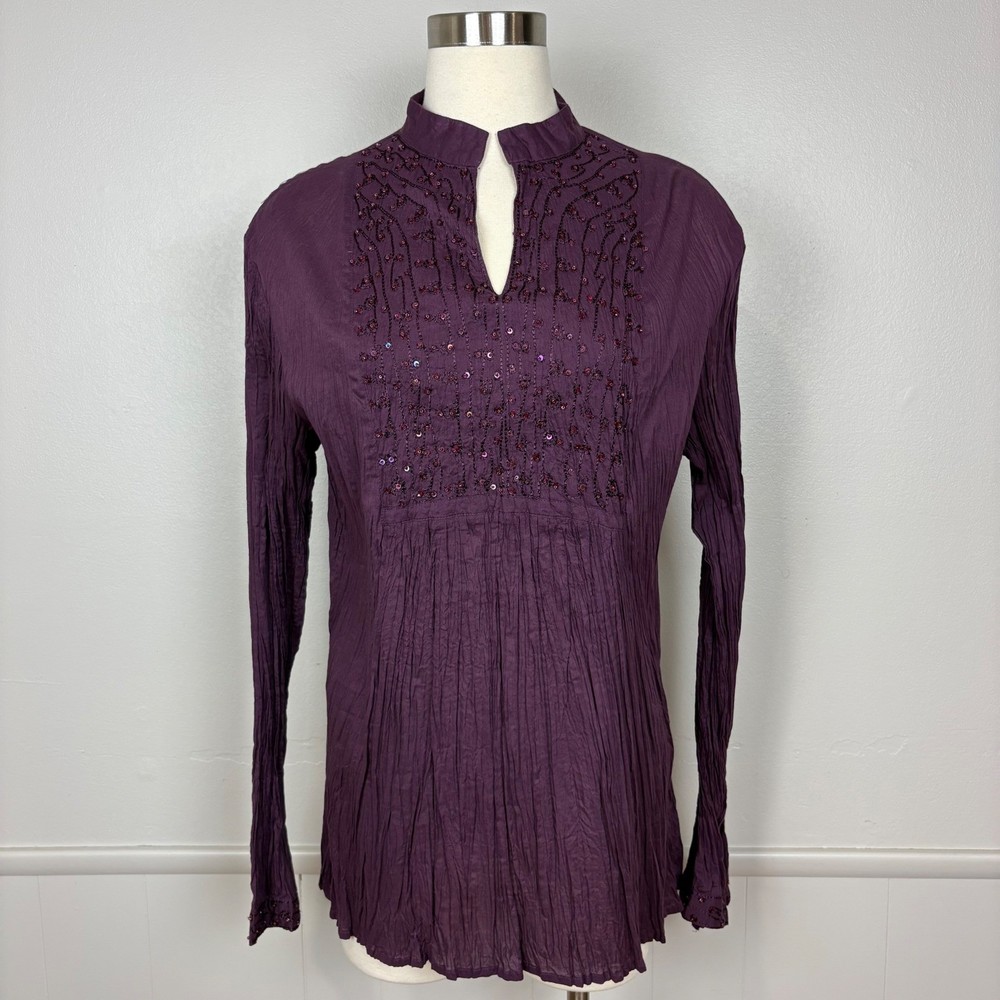Greater Good Textured Crinkle Top Blouse Size XL Beaded Purple Maroon Boho Tunic
