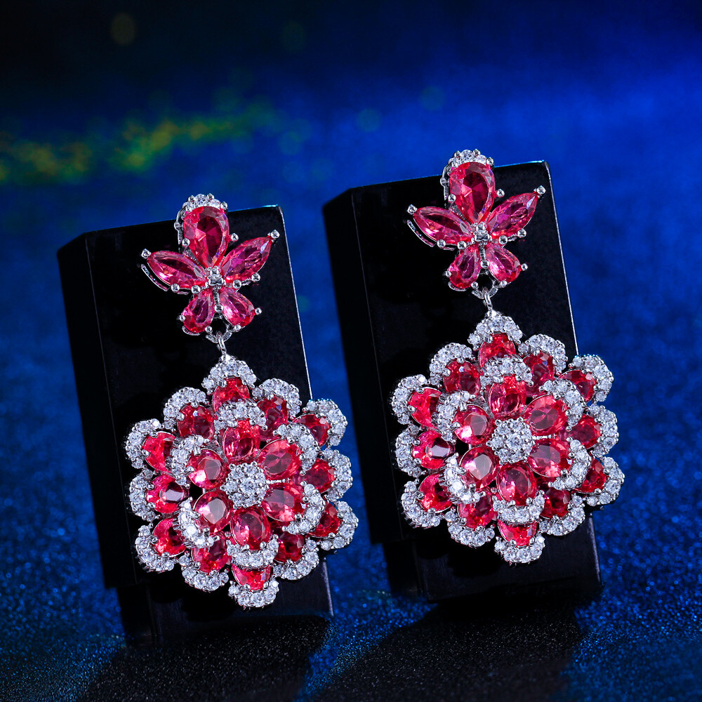 Rose Red Crystal Leaf Flower Dangle Drop Earrings Silver Plated CZ Chic Jewelry