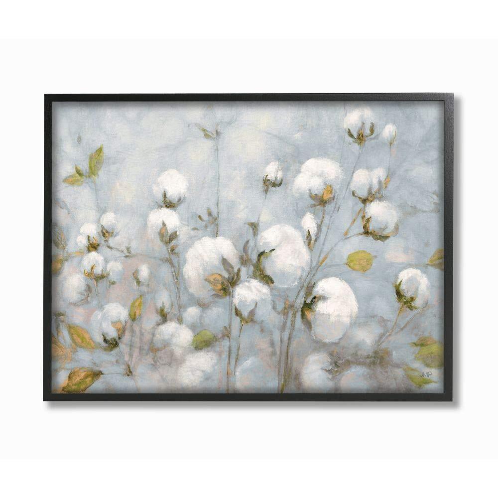 Neutral Blue Green Cotton Flower Landscape Painting with Black Frame Wall Art
