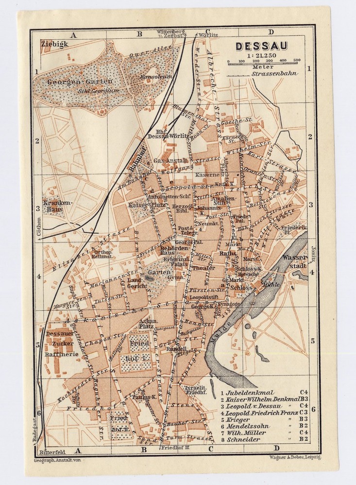 1910 Original Antique Map Of Dessau Germany