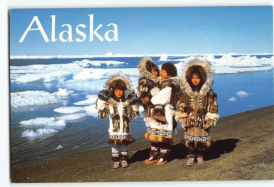 Postcard Eskimo mother and girls in northern Alaska USA