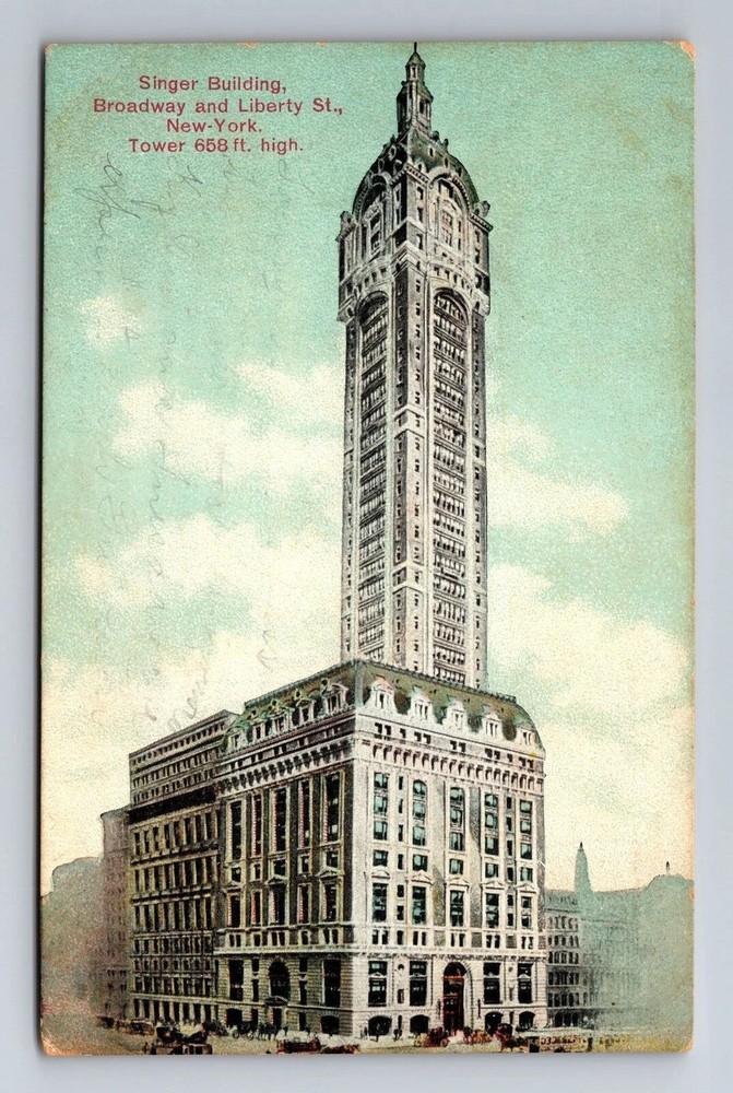 New York City NY, Singer Building, Antique Vintage Souvenir Postcard