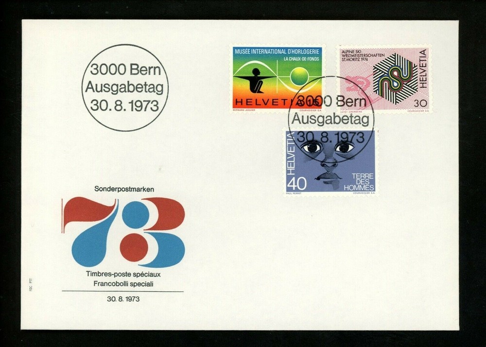Postal History Switzerland FDC #582-584 Clock museum skiing sports children 1973