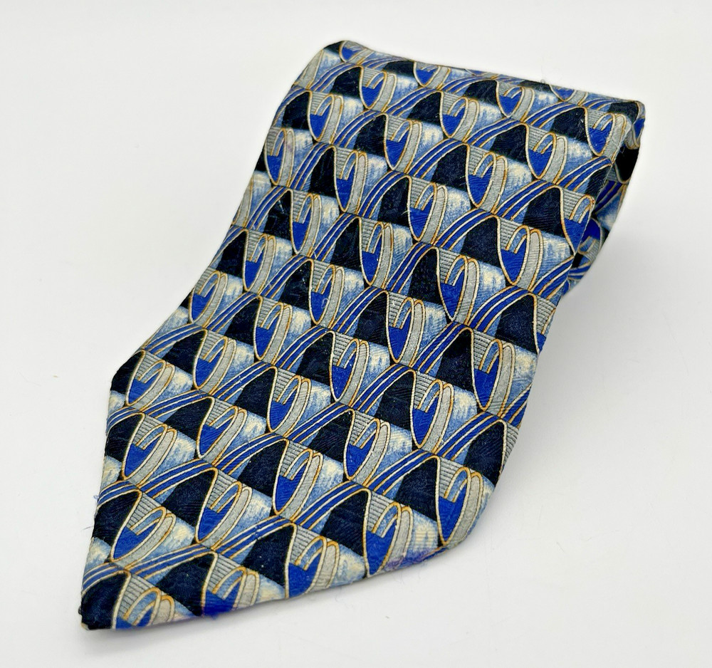 Ermenegildo Zegna Silk Tie Blue Gold Geometric 4” Exclusive Necktie Italy 58”