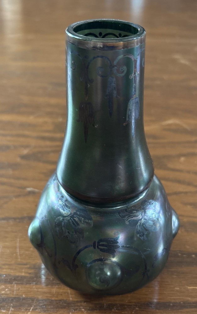 Antique Kralik Art Nouveau Iridescent Glass Floral Etched Vase Bohemian